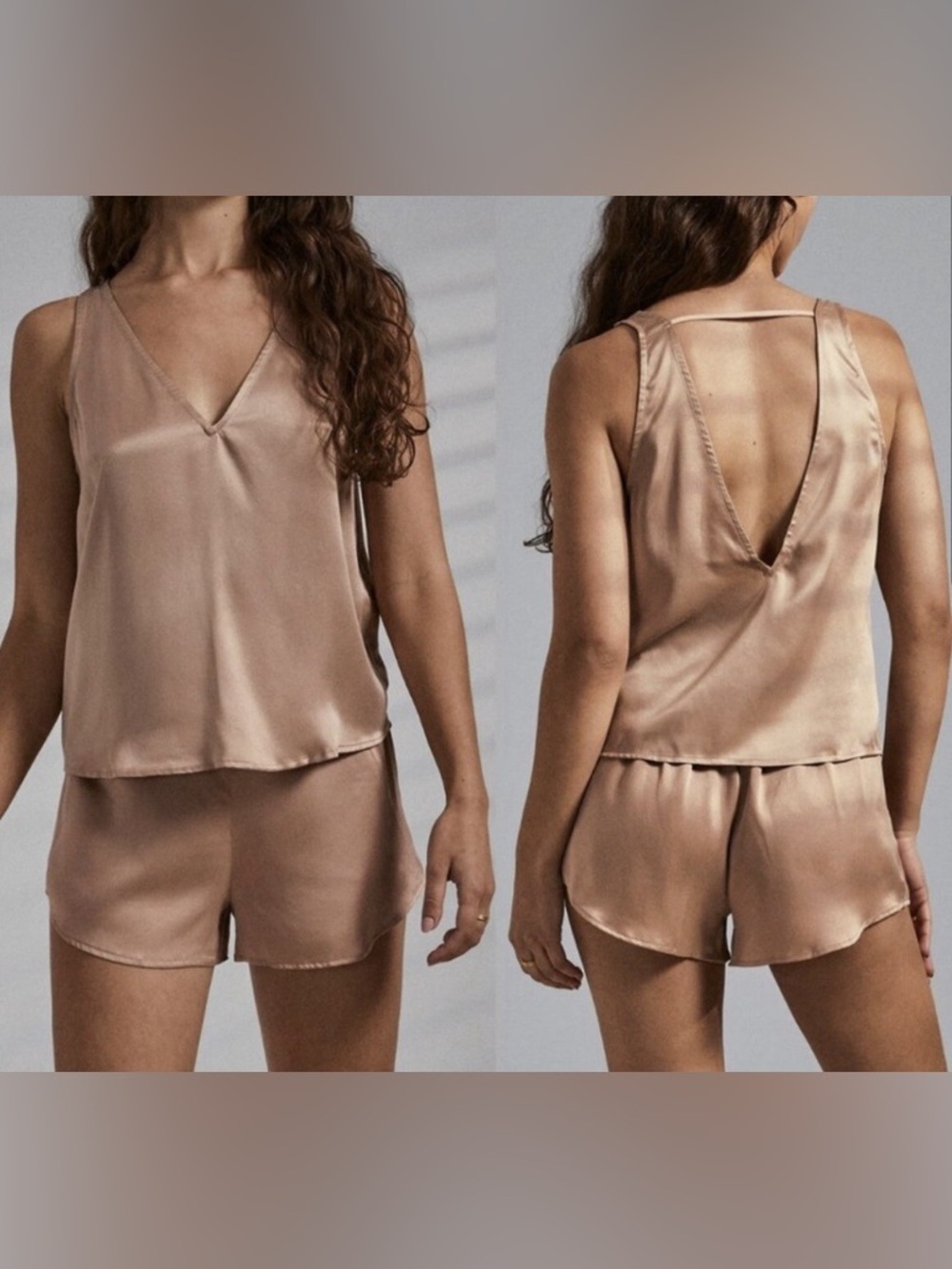 Lunya Washable Silk Tank & Shorts Set Small Taupe Blush Pajama Set